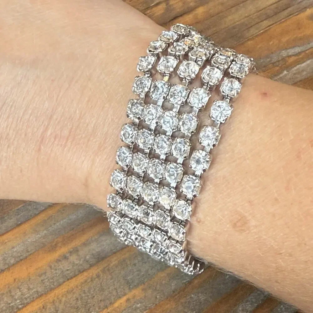 Vintage 5 Strand Clear Rhinestone 1” Wide 7” Bracelet Rhodium Plated
